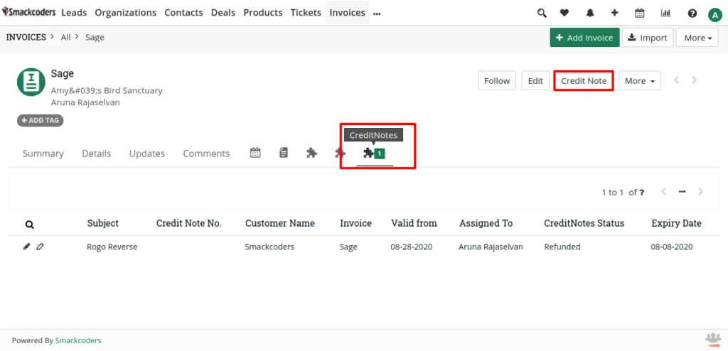 How to Create Credit Notes in JoforceCRM 1 Invoice sage details